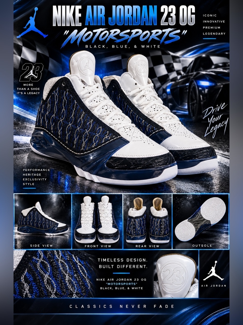 Nike Air Jordan 23 OG "Motorsports" sneakers in a black, blue, & white!🔥New! 12